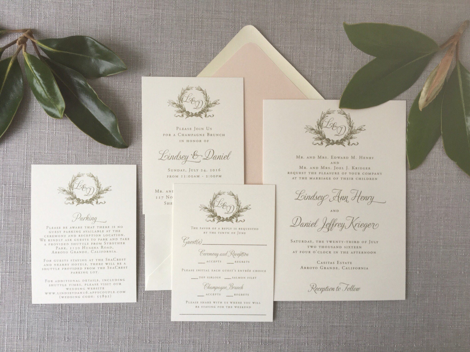 Southern Magnolia wedding invitation in gold ink