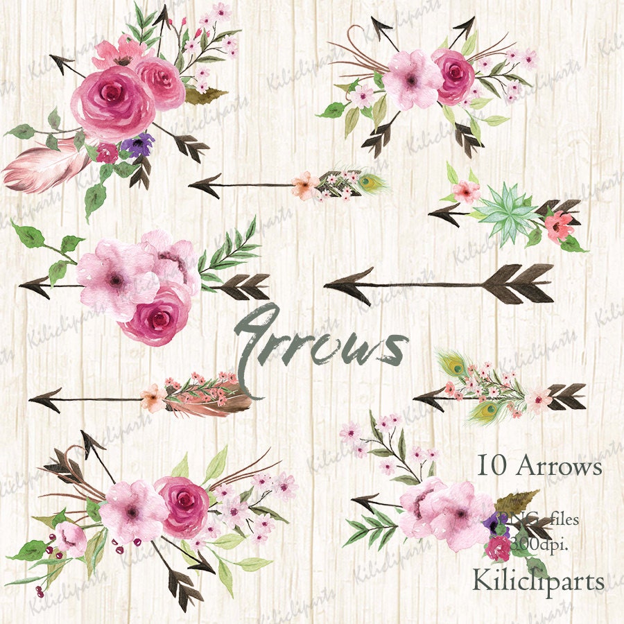 Download Arrows Watercolor Clipart. 10 Hand painted arrows feathers