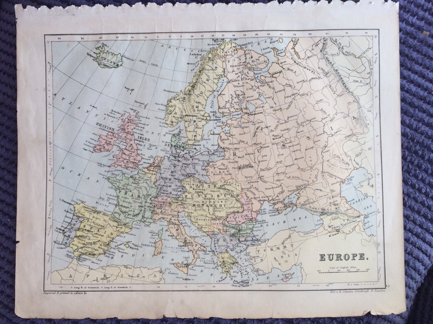 1890 EUROPE Original Antique Map, 11 x 14 inches, Johnston Atlas, Home ...