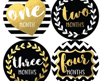 Baby Monthly Stickers, Baby Month Stickers, Monthly Bodysuit Stickers, Gold and Black, Baby Shower Gift