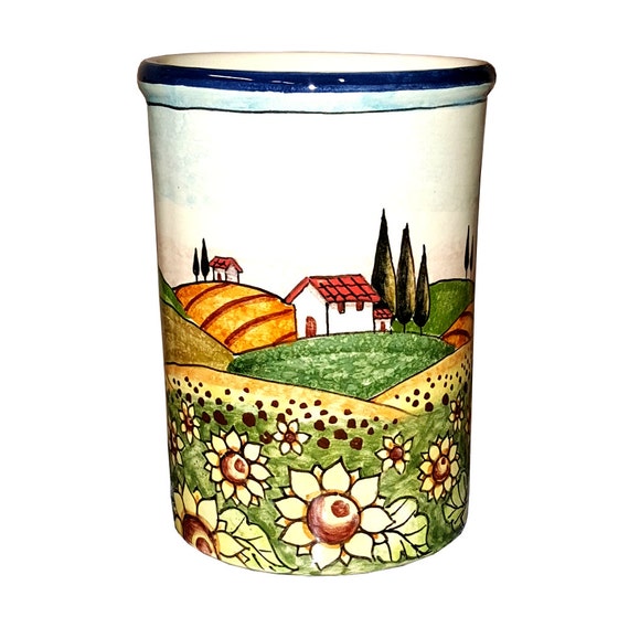 Italian Ceramic Utensil Holder Vessel Hand Painted Decorated