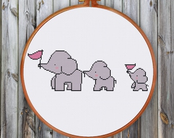 Elephant Family cross stitch pattern| Cute nursery baby animal counted chart| Easy beginner design instant download| Boy girl room diy decor