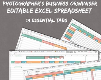 Photographer's excel planner, spreadsheets for business photography, excel organise business self-employed, photography planner