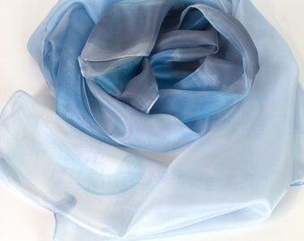 Pastel blue silk scarf. Hand painted silk scarf. Long abstract scarf. Luxury scarves and shawls. Uniquehand made gifts, Summer scarf