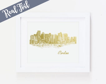 Boston Skyline, Boston Art, Boston Print, Cityscape, Skyline, Gold Foil Print, Architecture, Illustration, Gold Foil, Boston, Massachusetts