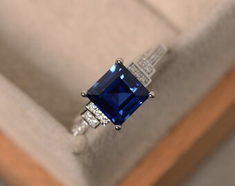 Lab sapphire ring, square cut sapphire, engagement ring, sterling silver, September birthstone ring, promise ring