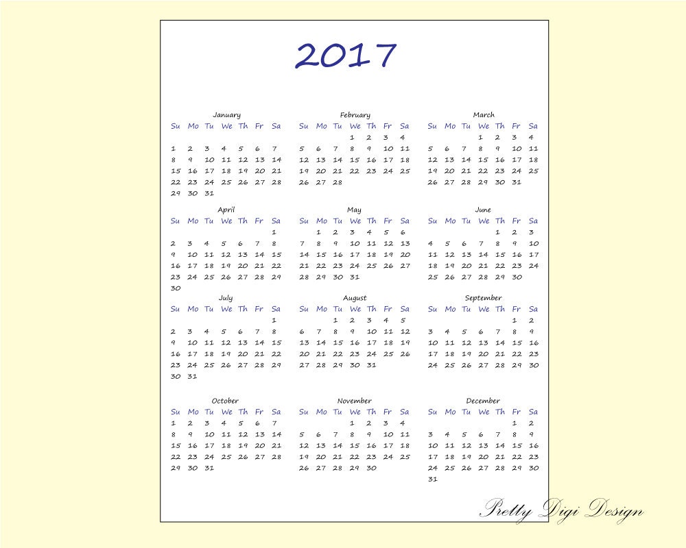 Printable One page Calendar 2017 Ready to print calendar