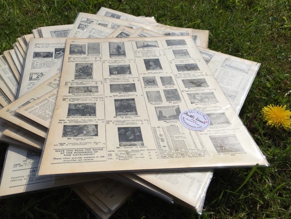 Vintage STAMP PAGES / Old Book Pages / Stamp Catalogue Pages / Carte Postale /Decoupage Paper // Origami Paper Sheets // Scrapbook Paper