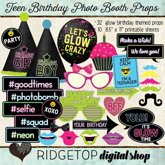 Photo Booth Props TEEN BIRTHDAY glow neon blacklight