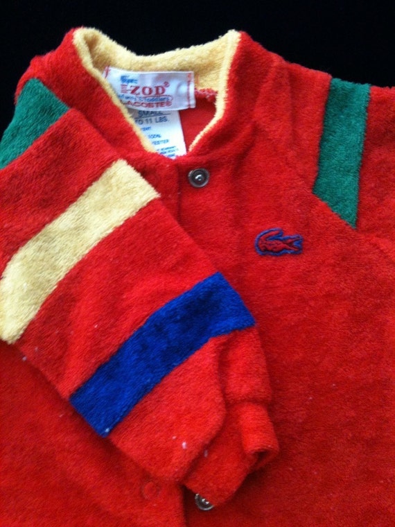 Izod Lacoste footed pajama 1980’s, red with yellow, blue and green trim, infant size small, gently used