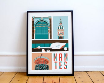 Nantes - A3 print - Artwork - Home decor digital print - Gift - City poster- Vector illustration - Flat design - Minimalist - Graphic design