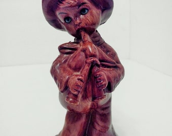 Dutch Boy Musician Figurine Statue ~ Playing Bagpipes Brown Synethic Faux Wood Finish ~ Hong Kong ~ Kids Adults Decor ~ Mid Century Vintage