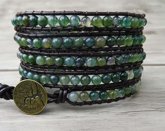 5 rows Leather Wrap Bracelet Ocean Grass Agate beads Bracelet Natural Stone Beaded wrap Bracelet Yoga bracelet Boho Christmas gift SL-0032