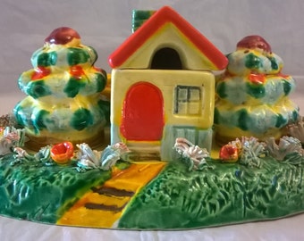 Vintage , Unique, Hard to Find, 5 piece Cottage with Yard and Trees, Salt and Pepper Shakers, 1950's