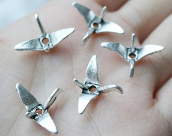 Set of 10, 3D Origami charms, Antique Silver Charm, Bird Paper Crane Charm, Silver Crane Charm, Metal Charms