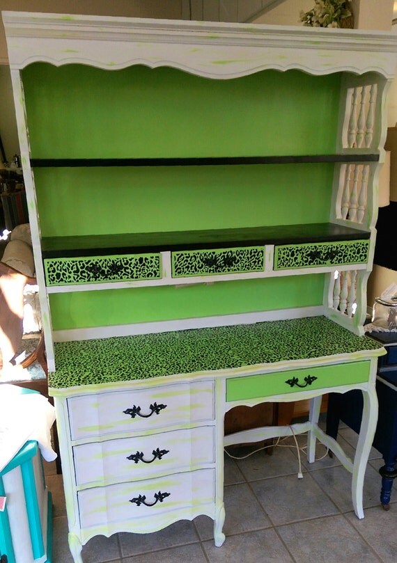 HandPainted Wood Desk Hutch Black/Lime/White by 462Creations