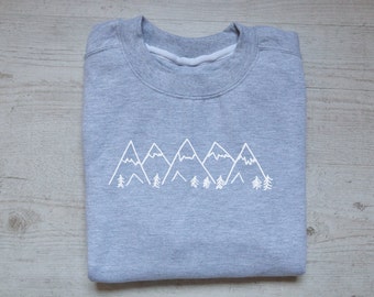 Mountains sweater slouchy sweatshirt soft vintage womens mens sweatshirt graphic design drawing tee hiking sweater heather light gray