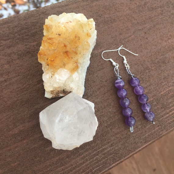 Amethyst Earrings, Third Eye Jewelry, Chakra Balancing, Dangle Earrings, Crystal Jewelry, Third Eye, Chakras, Om, Wire wrapped earrings