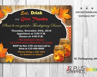 INSTANT DOWNLOAD Thanksgiving Invitations, Thanksgiving Party, Thanksgiving Invitation Instant Download, Invite Printable, DIY Editable pdf