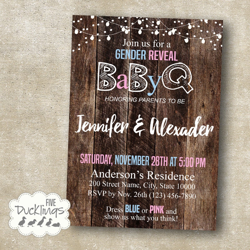 Gender Reveal BaByQ Invitation Rustic Gender Reveal Invite