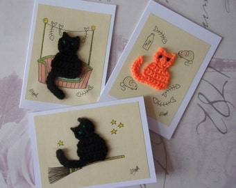 Cat Card Set, Card Pack, Cat Lover gift, crazy cat lady Crochet Greeting Card, Birthday Card Halloween card, Handmade Watercolour Blank Card