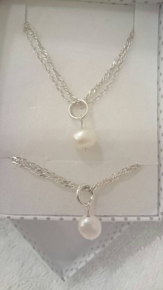 Sterling silver Double chain with real pearl by PoppitsJewellery