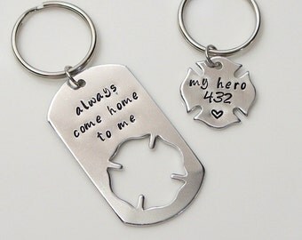 Always Come Home To Me My Hero Keychain. Hand Stamped Custom Jwelry. Fireman Keychain Set, Hand Stamped Badge Number.Fire Department.