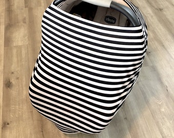 Striped stretchy carseat nursing cover, black and white stripe nursing cover, multi use nursing cover, shopping cart cover, high chair cover