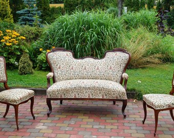 Antique Sofa and two Chairs Walnut wood original fabric Complete Set of three parts Set from Switzerland Late 1920 s - Early 1930 s
