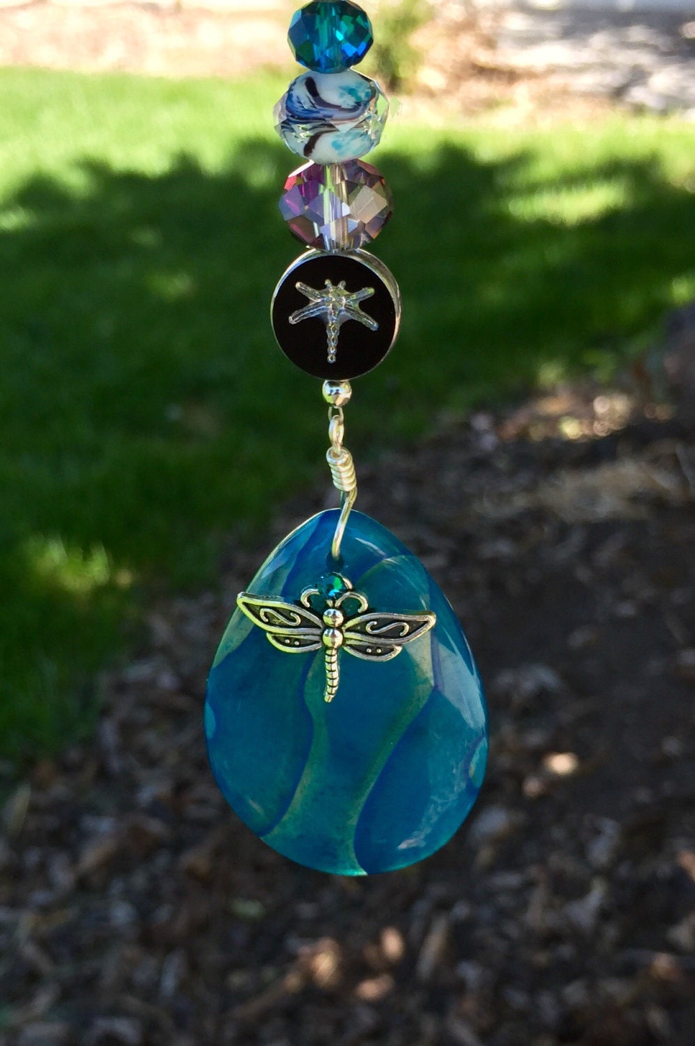 Blue crystal car charm mirror charm rear view mirror charm