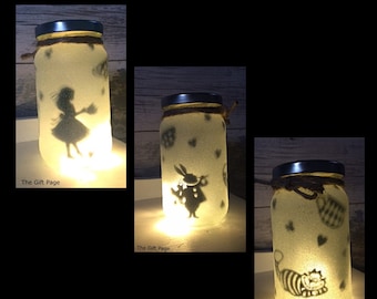 Night light, mood lighting, Alice in Wonderland Theme, Fairy Jar, Glitter Jar, Christmas, light up jars, mason jars