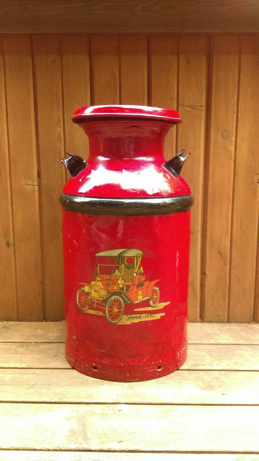 Antique Vintage Metal Milk Can Painted with Antique CarsRed