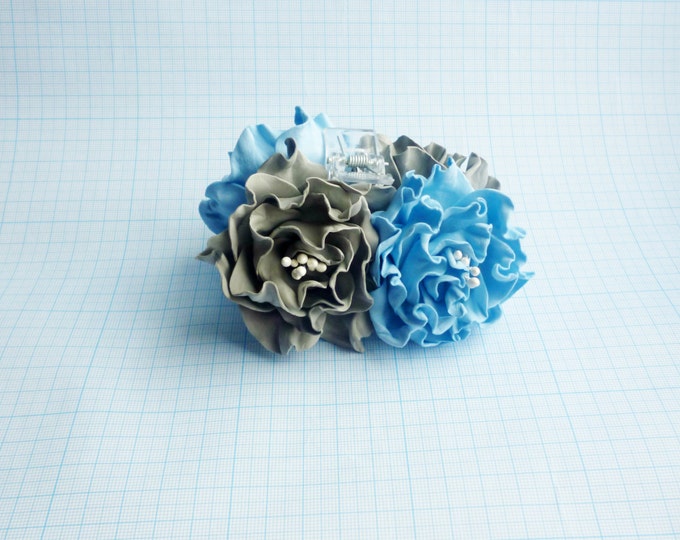 Gray Blue Flower Hair Claw clasp Roses hair piece Bridal Wedding hair flowers Handmade Hair clip Hairpin Event battleship gray azure Gift