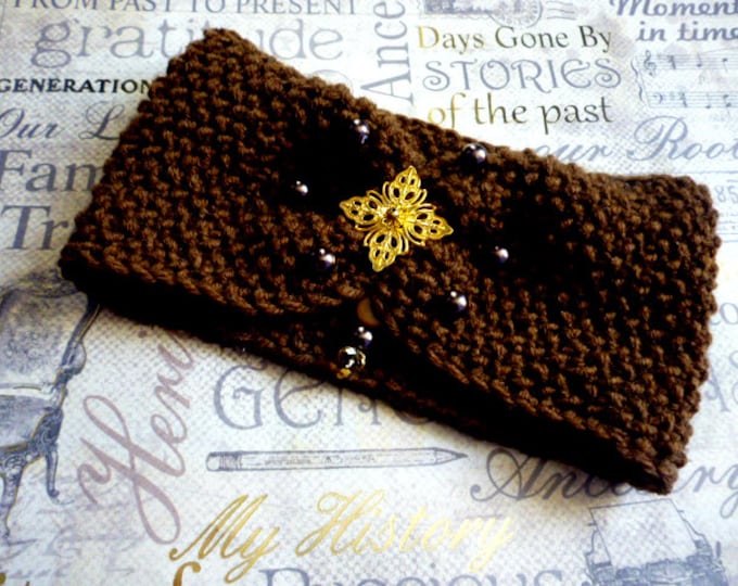 Dark brown gold rose accent warm knitted Headband brown pearl Christmas gift ideas winter earwarmer Chunky gift girly turban