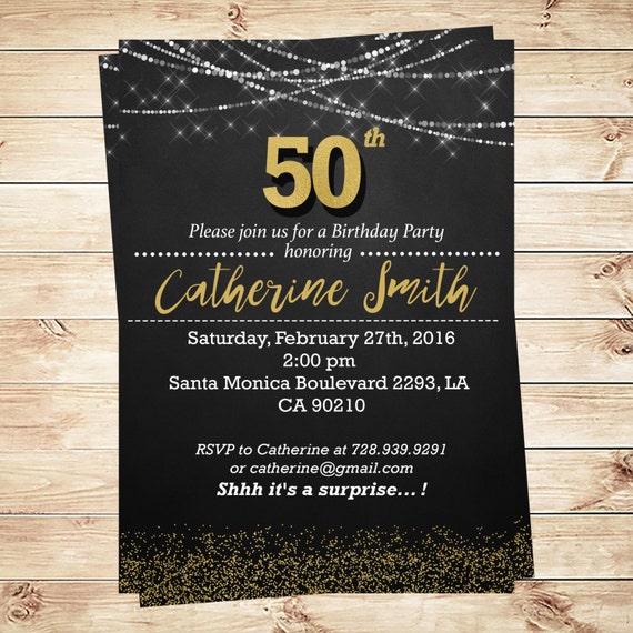 Black and gold 50th birthday party invitations, elegant black and gold ...