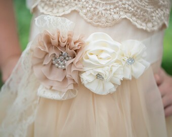 Rustic Bridal Sash- Bridal belt- Rhinestone bridal sash- Vintage inspired bridal sash- champagne wedding sash- Flower girl sash- belt- sash