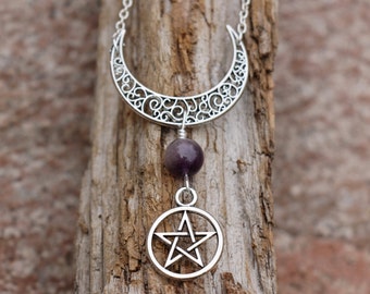 Crescent Moon Necklace, Pentagram Necklace, Amethyst, Crystal Necklace, Pagan Necklace, Wicca Necklace, Gypsy Jewelry, Spiritual Jewelry