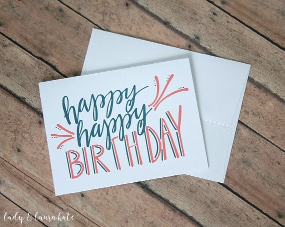 hand lettered coral and navy happy birthday foldable digital