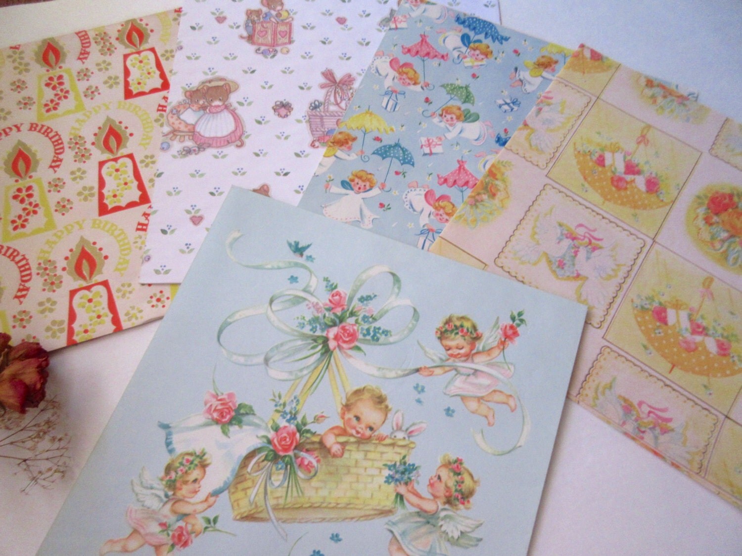 Vintage Wrapping Paper Baby Gift Wrap Best Wishes Floral