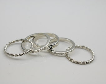 Hand Made silver stack rings set of five