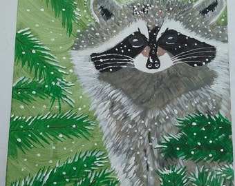 Adorable Raccoon in Snow Pine Tree Original Acrylic Painting 8 x 10
