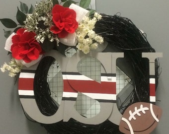 Ohio State University OSU Football Floral and Hand Painted Monogram Grapevine Wreath with Silk and Felt Flowers