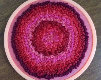 4 inch embroidery hoop. Ombre design. Plastic hoop. French knots.