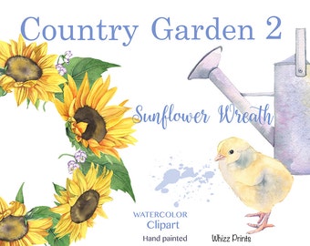 Country Garden watercolor Clipart, Sunflower wreath digital download, baby chicken downloadable, dyi invitations, dyi greeting cards