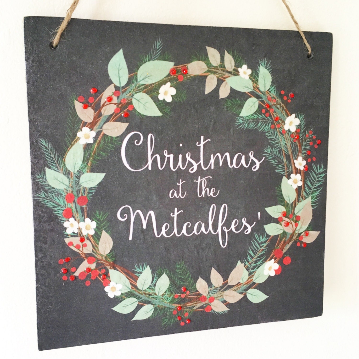 Christmas Wreath Plaque Personalised Christmas Sign Wooden