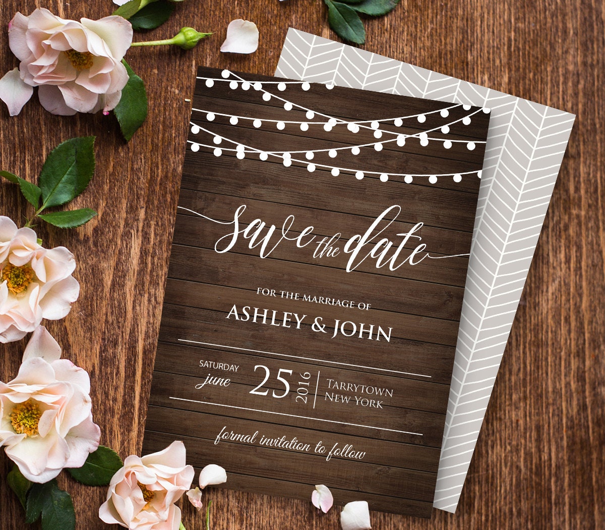 Rustic Save the Date Template, Instant Download, Wood String Lights