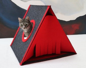 Cat house size L Cat bed Cat cave Felt cat house Cat teepee red dark gray Modern cat furniture Triangle cat house