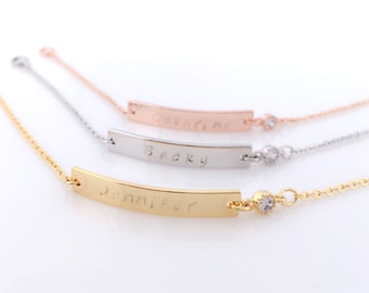 Personalized Bar Bracelet with Sparkling Zirconia/ Choice of Name-Date-Favorite Word/ For Bridesmaid, Birthday, Sisters & All