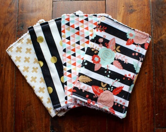Renie Bundle, baby girl burp cloths, burp cloths, burp cloth set, baby gift, Coral, Mint, Gold, floral burp cloths, baby girl, chenille