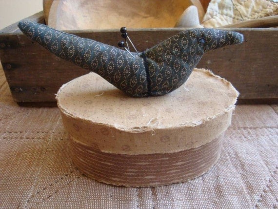 Primitive Blue Bird Pin Keep, Brown Fabric Covered Box, Old BlueQuilt Piece, Sewing Box FAAP